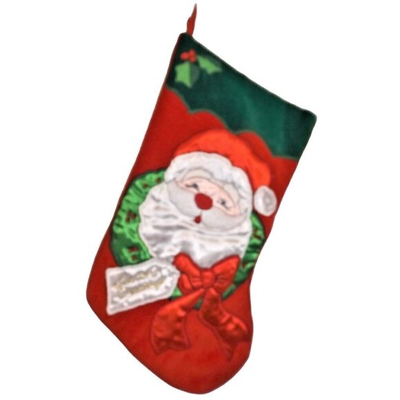 Applique & Embroidered Christmas Stocking Santa Face in Wreath 19 inches - Picture 1 of 7